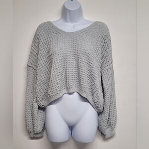 Pink Rose Grey Chunky Slouchy Knit Cropped Sweater Long Sleeve M
